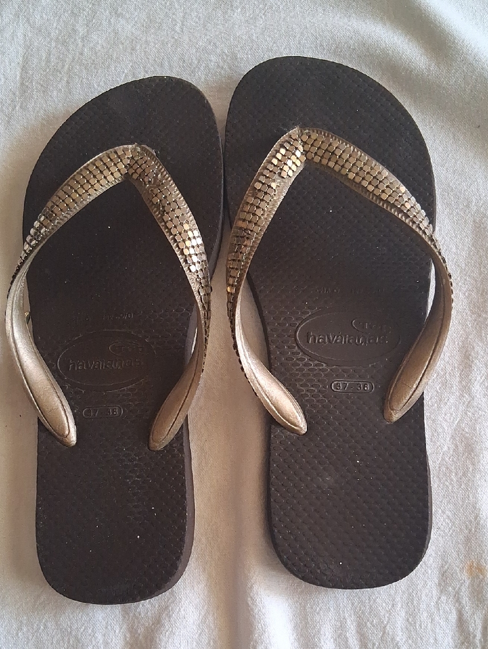 Havaianas Slim Sparkle Flip Flops - Dark Brown & Gold - Size BR 37-38 / US 7-